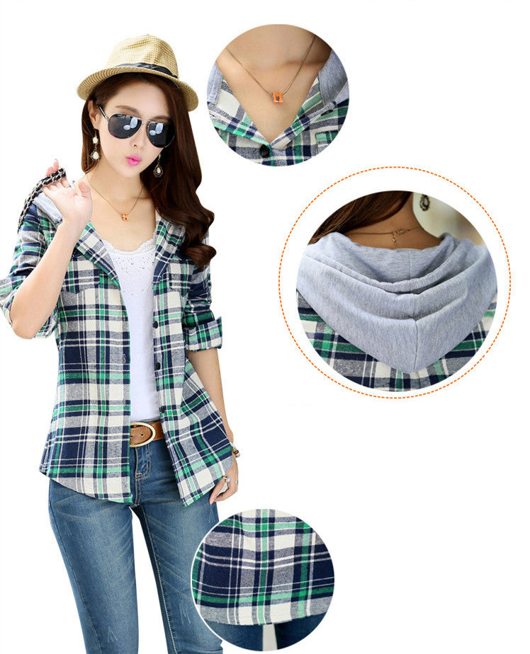 Fashion Long-sleeved Plaid Hooded Shirt