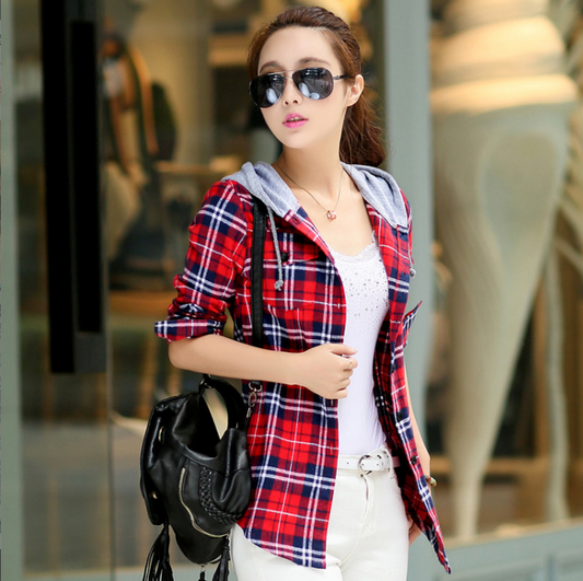 Fashion Long-sleeved Plaid Hooded Shirt